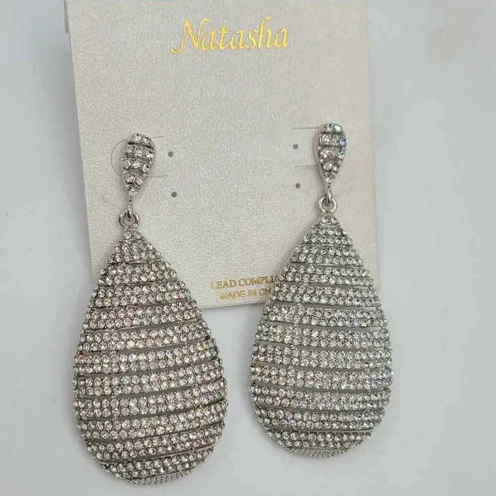 Natasha Large Long Silver Tone Crystal Earrings NWT!